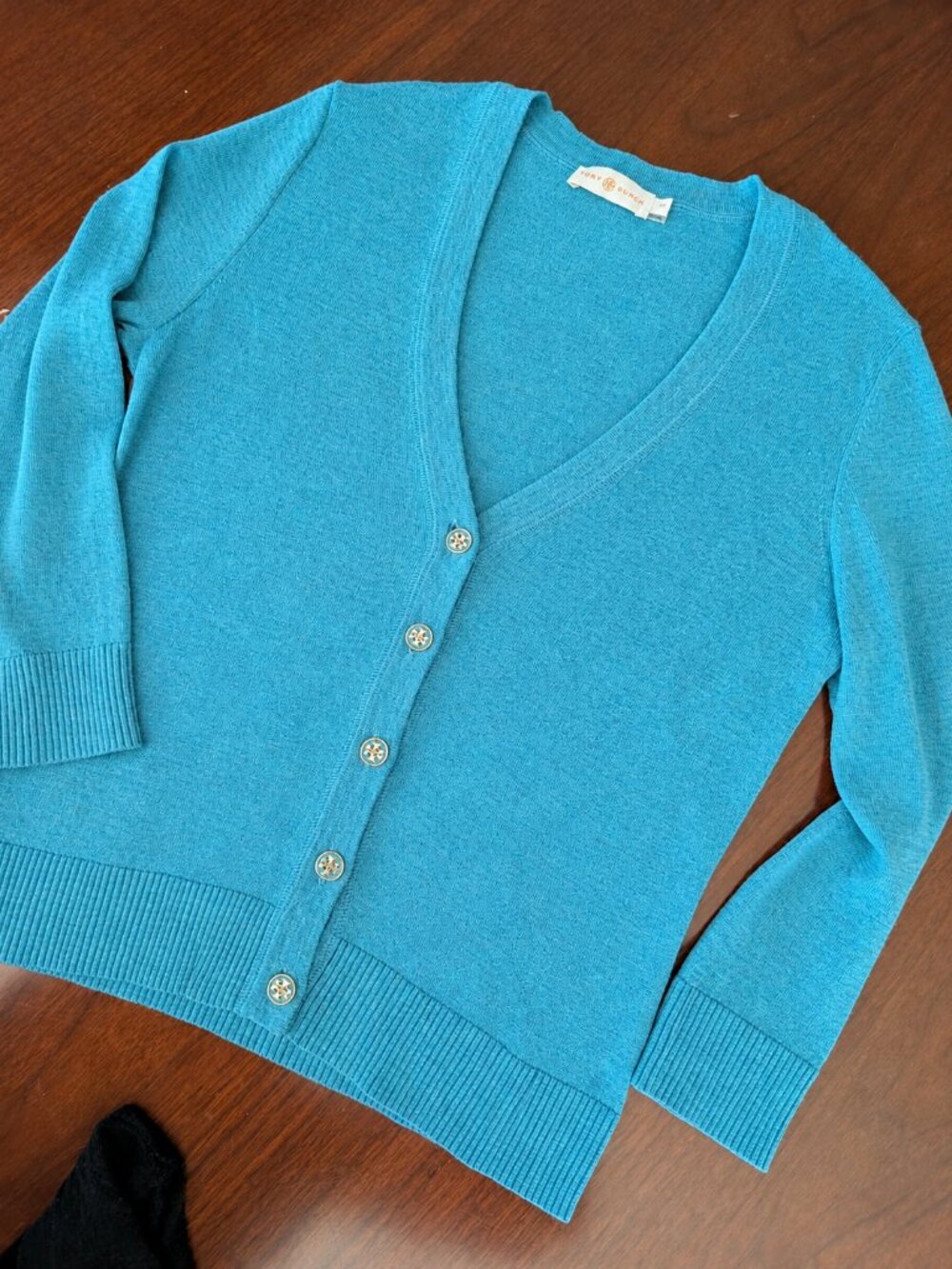 Tory Burch Turquoise Merino Wool V-Neck Cardigan Gold T-Logo Buttons S